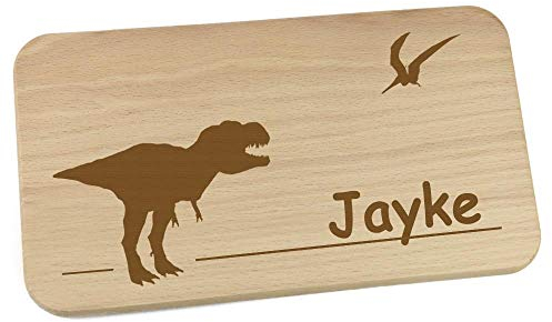 Personalisiertes Frühstücksbrettchen aus Holz mit Motiv und Name graviert Motiv Dinosaurier