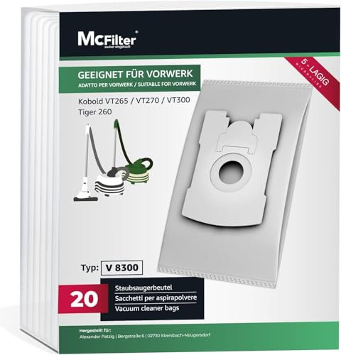 McFilter I 20 Staubsaugerbeutel kompatibel mit Vorwerk Tiger 260, Vorwerk Kobold VT265 VT270 VT300 - VT 265 VT 270 VT 300 Staubsauger, 5-lagig, Microvlies, Deckscheibe mit Staubverschluss