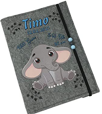 U Heft Hülle und Impfpass aus Filz - Personalisiert mit Namen - Untersuchungsheft Schutzhülle - Babygeschenke zur Geburt - Kinderuntersuchungsheft Mädchen und Junge - Elefant Blau