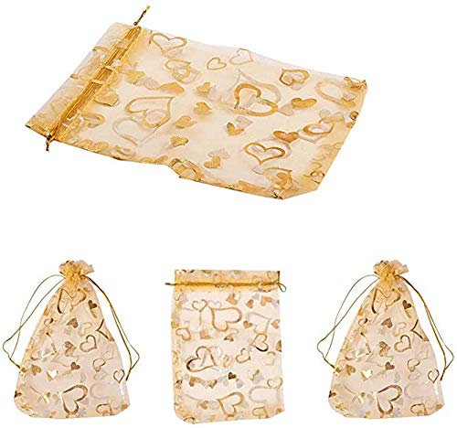 YANGWEN 50 Stück Organza Schmuckbeutel, Gold Herzdruck Organza Taschen Geschenktüten mit Kordelzug 9x12cm Perfekt für Hochzeit, Weihnachten, Geburtstag, Jubiläum