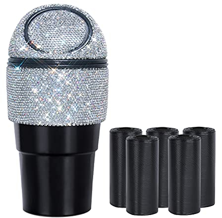 eing Car Trash Can Bling Crystal Auto Mini Trash Bin for Car Office Home Women,Car Cup Holder Garbage Can with Lid and 5 Pack Disposable Garbage Gag, Silver