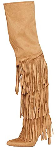 Tacchi alti Stivali da donna con tacco alto a spillo con frange marrone chiaro sopra il ginocchio-Light Brown||46