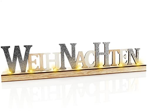 com-four® LED Deko Aufsteller aus Holz - beleuchteter Schriftzug auf Holzsockel - Deko-Schriftzug zum Hinstellen für Weihnachten - Stimmungslicht mit Timer (silberfarben)