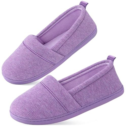 EverFoams Womens' Memory Foam Comfort Knit House Shoes Light Weight Terry Cloth Loafer Slippers with Anti-Skid Rubber Sole Purple 7 UK