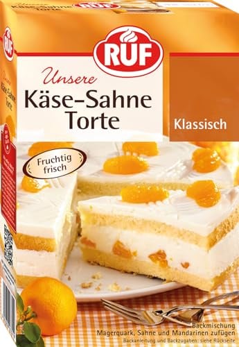RUF Käse-Sahne-Torte, Backmischung für Biskuitboden und Quark Sahne Creme, für Mandarinen, Kirschen, Stachelbeeren, Heidelbeeren, 350 g