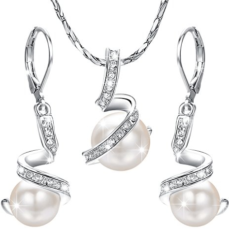 Aleasha Weiß Perlenanhänger Halskette Ohrring Set Damen Silber Kette Schmuck Set Edelstahl Geschenk 45CM