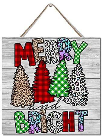 Holzschilder Merry and Bright Custom Holzschild Lustiges Schild Büffelkaro Plaid Leopard Xmas Farmhouse Farmhouse Schild Hängeschild Dekorative Wanddekoration 30,5 x 30,5 cm