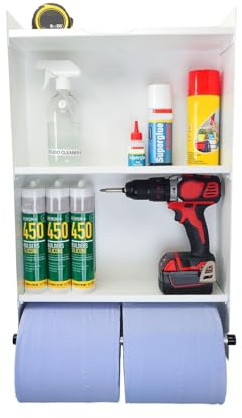 MegaMaxx Steel Blue Roll Holder Dispenser and Shelving Unit for Workshops, Garage and Factories - White Shelves - Cleaning Station, Accessories and Tool Storage, Multi-Purpose