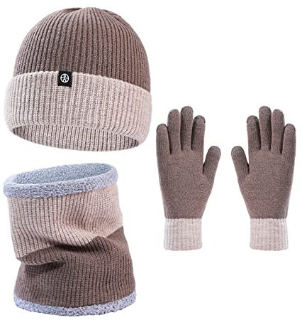 Mutze Schal Set Damen Grau, Winter-Set Damen Touchscreen-Handschuhe Handschuhe Winterset Gestrickt Winter 3 In 1 Mütze Winter-Set Langer Schal Wintermütze Schlauchschal Handschuhe 3 Teiliges Set