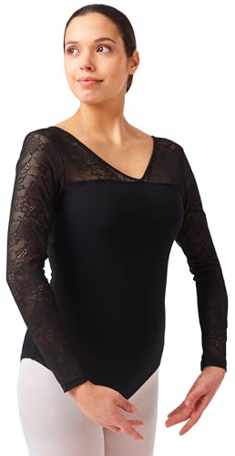 tanzmuster Ballett Trikot Damen Langarm - Britta - Ärmel aus Spitze - BH-Pad-Einschub - Tanz Body aus Baumwolle - Ballettkleidung für Erwachsene