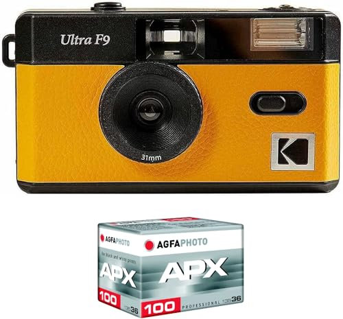 KODAK Pack F9 Argentica + Película 100 ASA – Cámara Recargable de 35 mm, Color Amarillo, Lente Gran Angular Fija, Visor óptico, Flash Integrado + película APX 100, 36 Poses