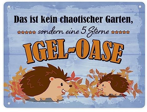 Igel Metallschild XL in 21x28 cm mit Spruch - Garten ist eine 5 Sterne Igel-Oase als lustige Dekoration im Garten für Tierliebhaber und Igelfreunde Paradies Tierwohl Blechschild