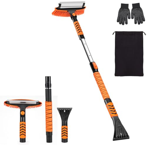 drado 3 in 1 Auto Eiskratzer, 110cm Schneebürste mit ausziehbare Schneeräumbürste mit Schaumstoffgriff and 180 ° Grad Bürstenkopf, ergonomischer Rutschfester Softgriff (orange Farbe)