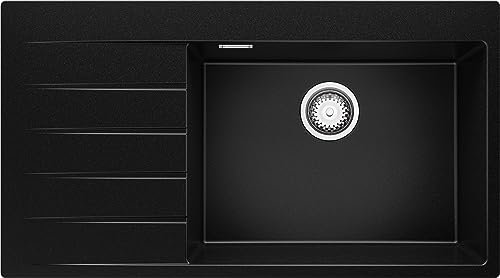 Spülbecken Schwarz 90x50cm, Granitspüle 1 Becken + Ablauf-Set, Küchenspüle ab 60er Unterschrank - Sydney von Primagran