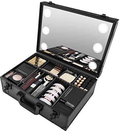 Acesunny Reise Kosmetik Aufbewahrungsbox Make Up Box Schminkkoffer mit LED Licht Spiegel Kosmetische Organizer Box mit Teiler Make-up Zug Fall Künstler Organizer Kit