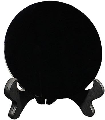 EHJRE Obsidian Steinscheibe, Obsidian Taschen Scrying Spiegel, Dekoration, Ornament, Runder Spiegel mit Ständer, Scheibe, Kreisscheibe, Durchmesser 18 cm