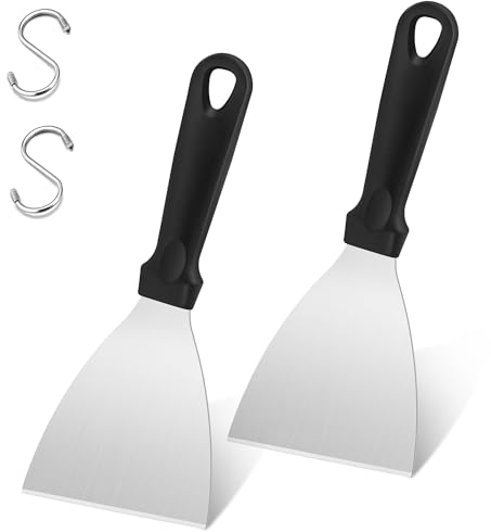 Joyfair 2 Pieces Griddle Scraper, Stainless Steel Slant Edge Grill Scrapers for Food Service/Cooking/Cleaning, Ideal for BBQ Indoor & Outdoor, Black Plastic Handle, Dishwasher Safe