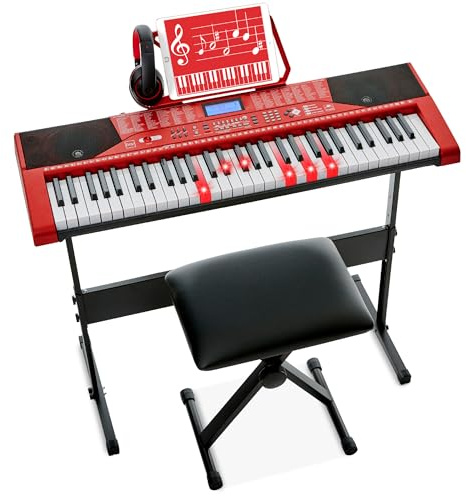 Best Choice Products 61-Key Beginners Complete Electronic Keyboard Piano Set w/Lighted Keys, LCD Screen, Headphones, Stand, Bench, Teaching Modes, Note Stickers, Built-In Speakers - Red
