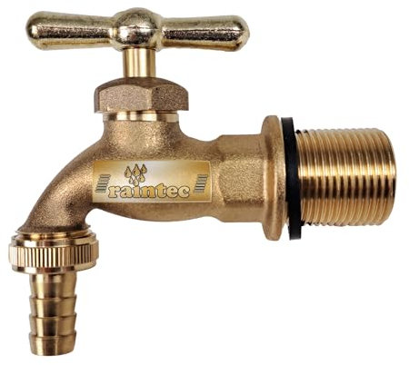 Auslaufhahn Messing Wasserhahn 3/4 Zoll für Regentonne Regenfass, Messing, langes Gewinde mit Dichtung, für jeden Regenspeicher, Wasserbehälter. Auslaufventil Kugelhahn