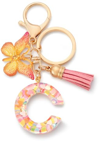 CHUQING Schlüsselanhänger Buchstabe Mädchen Schlüsselanhänger Schmetterling mit Anfangsbuchstabe für Frauen Rosa C