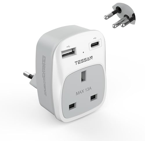 UK to Swiss Plug Adapter, TESSAN Plug for Switzerland with 2 USB (1 USB C), Grounded Type J Swiss Power Adapter, Travel Adaptor for Jordan, Liechtenstein, Madagascar, Rwanda