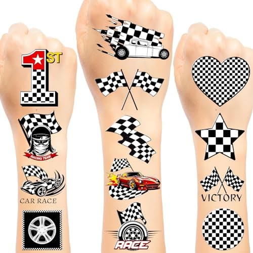 24 Blatt (144 Stück) Lustige Rennauto, schwarz-weiß karierte Flagge, temporäre Tattoos, Aufkleber, Rennwagen, karierte Flagge, Partyzubehör, Geburtstagsdekorationen, Geschenke für Kinder,