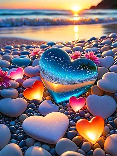 ijbnhd 5D Diamond Painting Crystal Heart Diamond Painting Bilder Beach Sunset Diamond Art Adult Full DIY Diamond Art Painting Set für Home Wall Decor Gift 30 x 40 cm