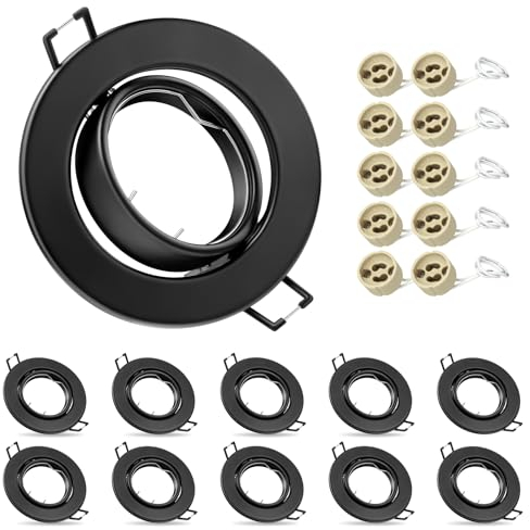 10x Moderne Einbaustrahler Rahmen, GU10 Einbauleuchten, inkl. GU10 Fassung, Decken Spot Schwarz Rund, 30° Schwenkbar Einbauspots Rahmen, Außendurchmesser: 90mm, Ausschnitt Ø65-80mm (Ohne Leuchtmittel)