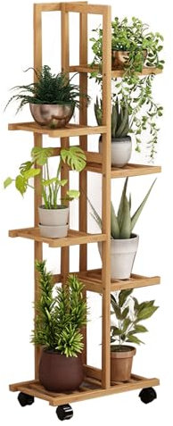 kiss me Plant Stand Indoor Outdoor, Bamboo Outdoor Tiered Plant Shelf for Multiple Plants, Corner Flower Stand with Wheels, Plant Holder Display Rack for Garden Patio Office Living Room (6 layers)