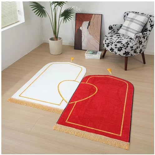 Tapis de Prière Musulmane Épais et Doux - Imitation Cachemire pour Femmes et Hommes - Cadeau pour le Ramadan Aïd Bayram (Blanc Rouge, 70*110cm)
