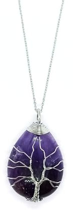 Bijoux Pendentif Collier Pierre Améthyste Arbre de la Vie Argenté Fil Forme Goutte d'eau Pierre Précieuse Énergie avec Chaîne