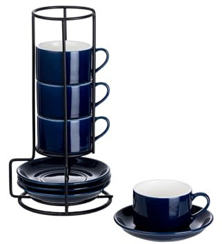 Meichu 2.5oz Porcelain Stackable Espresso Cups with Saucers and Metal Stand Set of 4, Stackable Cappuccino Cups, Blue Expresso Shots Cup Set for Coffee Drinks, Latte, Tea