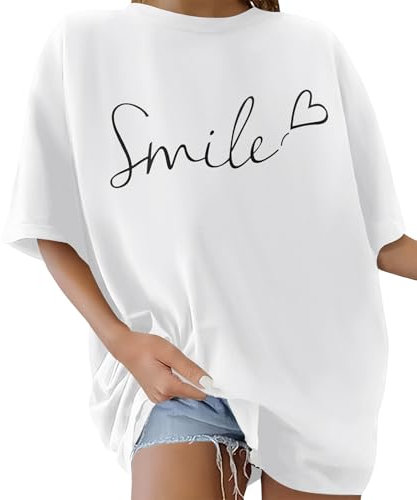Lonya Oversize Shirt Damen T-Shirts Kurzarm Sommer Tee Tops Breite Schulter Brief Drucken Tunika Oberteile Smile-Weiß,XXL