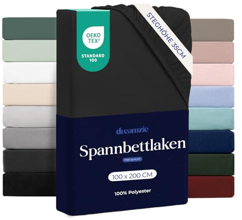 Dreamzie - Spannbettlaken 100x200cm - 100% Mikrofaser - Steghöhe 35cm | Schwarz · Ultraweich · OEKO-TEX Zertifiziert · Leintuch · Für hohe Matratzen · Atmungsaktiv · Pflegeleicht