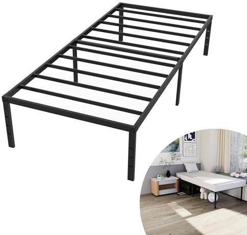 YRHome Modern Bettrahmen Metallbett 90x200 cm Plattformbett aus Metall robusten Stahllatten Einzelbett Schwarz Höhe 41.5 cm Stauraum unter dem Bett für Schlafzimmer Gästezimmer