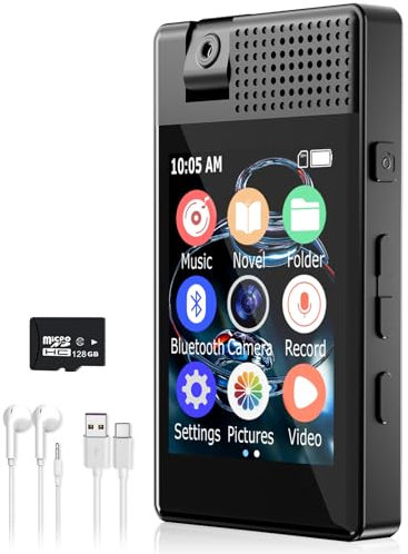 128G Lettore MP3 Bluetooth 5.3 con Camera, Schermo Tattile IPS da 2,5 Lettore MP4,Qualità Audio HiFi Lossless,con Altoparlante,OTG,eBook,Registrazione,Cronometro,Sveglia,Calcolatrice,Giochi,Calendario
