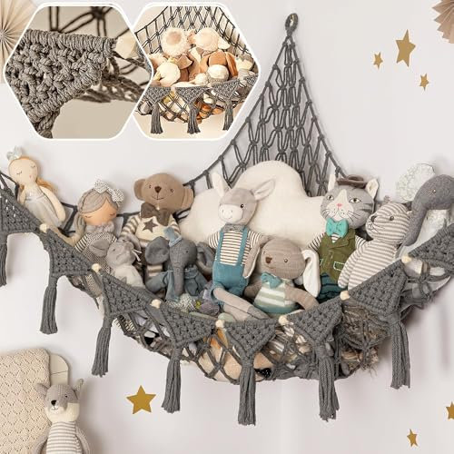 Lunriwis Kuscheltier Aufbewahrung Netz, Boho Makramee stofftier Spielzeug Lagerung hängende Tasche, Aufbewahrung Kuscheltiere Lagerung Netz Spielzeugaufbewahrung kinderzimmer Schneeweiß