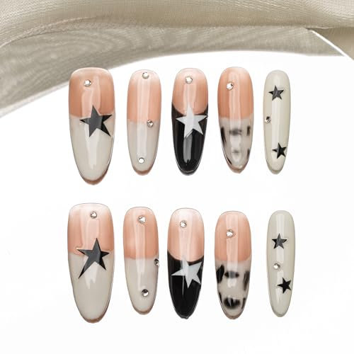 Sun&Beam Nails Handmade Press-on Long Oval Black White Pink Star French Hand-Painted Design Fashion False Nail Tips 10 Pcs Set (#212 L)