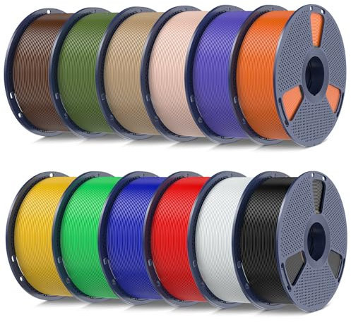 SUNLU 12KG PLA Plus 3D Druckerfilament, PLA+ Filament 1.75mm,1kg Spule, insgesamt 12kg, Schwarz+Weiß+Rot+Kleinblau+Grün+Hellgelb+Sonnenorange +Lavendelviolett+Beige+Wood(Oak)+Olivgrün+Kaffeebraun