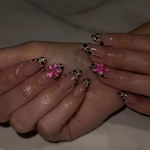 24PCS Almond Leopard Press on Nails,Medium Length with 3D Flower Design False Nails,Beauty Y2K Coffin Nails for Women or Girls