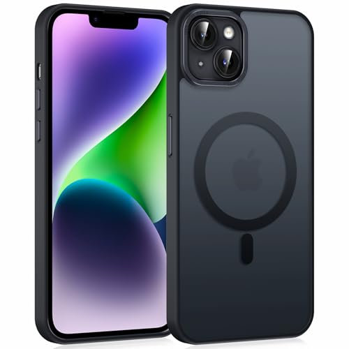 Knrlqim Magnética Funda para iPhone 14 Plus 6.7,Delgada Mate Translúcida Carcasa [Compatible con MagSafe] Flexible Silicona TPU +PC Atrás Anti-Choque Protector Case,Negro