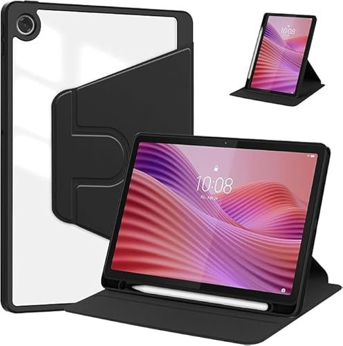 Haofun Funda para Samsung Galaxy Tab A8, Cover Protectora Giratoria 360 Grados con Soporte Plegable/Ranura para bolígrafo, Funda de Cuero PU + Acrílico Transparente, Negro