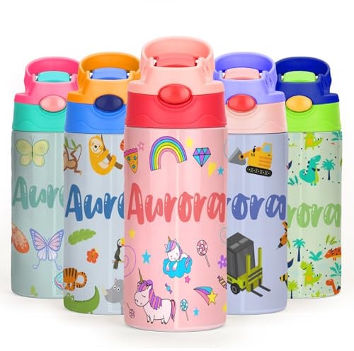 Gourde Isotherme Personnalisable pour Enfant, Bouteille Isotherme Personnalisée Prenom Sans BPA Tritan, Gourde Isotherme Enfant avec Paille pour L’école, Sport, Primaire etMaternelle - Multi 350ml