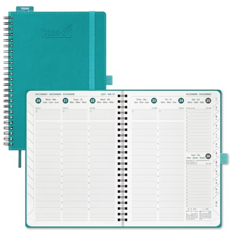 BEZEND Kalender 2026 2027 Buchkalender 1 Woche 2 Seiten A5 (21,5 x 15,5 cm) | 18-Monate Wochenplaner (Juli 26-Dez 27), Ringbuch mit PU-Leder Softcover, 80 GSM Papier, Türkis