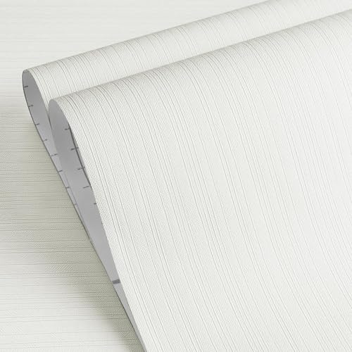 YENHOME Papier Peint Adhésif Mural Effet Tissu Blanc 40x300cm Revetement Mural Adhesif Chambre Salon Uni Papier Peint Texturé Blanc Film Vinyle Autocollant Meuble pour Armoire Couloir Porte