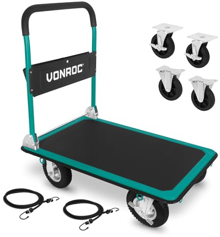 VONROC Transportwagen klappbar 300kg - Plattformwagen als Transporthilfe - Rollwagen mit Griff - Extra große pneumatische Räder für groben Untergrund