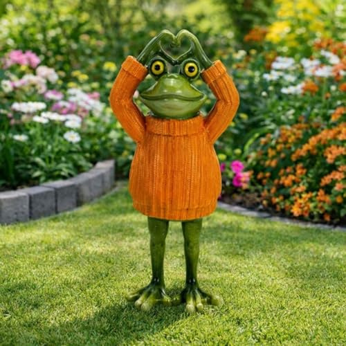 Online Fuchs Gartenfiguren für draußen süßer Frosch mit Pullover und Herzerl - Deko Figuren für Garten, Terrasse und Balkon – 27 cm groß – wetterfest (Orange Kopf)