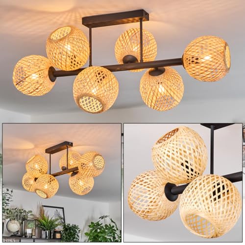 HOFSTEIN Deckenleuchte Basto, Deckenlampe aus Metall/Bambus in Schwarz/Natur, moderne Leuchte im Retro/Vintage/Boho-Design (Ø Schirme 15 cm), Lichteffekt, 6 x E14, Esszimmer, Wohnzimmer, Schlafzimmer