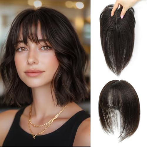 Echthaar-Topper für Frauen, Natürliche Echthaar Haarteile bei dünnem Haar, Damen Topper mit Pony, 10 Zoll zur Abdeckung grauer Haarpartien (Dark Brown)