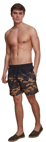 Urban Classics Herren Block Swim Shorts – Badeshorts mit Kordelzug & Taschen, schnelltrocknend, ideal für Strand, Pool & Urlaub,Blk/Woodcamo,XXL